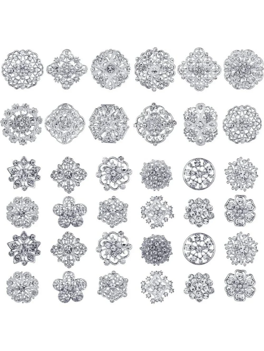 36 Clear Rhinestone Brooches - Crystal Flower Pins for Crafts & DIY Wedding